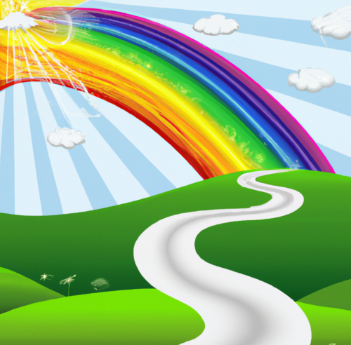 DALL·E 2023 01 06 19.24.39 illustration of winding path under a rainbow and sun beams