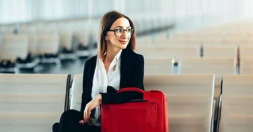 woman red briefcase