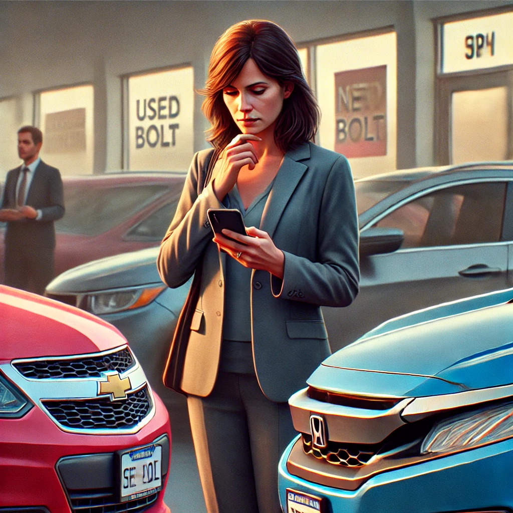 DALL·E 2024 08 11 09.48.56 A realistic scene of a woman Pat standing at a car dealership looking at two cars a used Chevy Bolt and a new Honda Civic. Pat is holding a phone