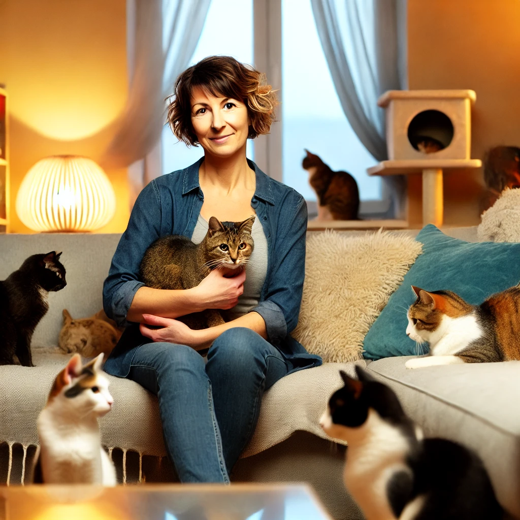 DALL·E 2024 08 24 13.33.21 A single woman in her 40s sitting in a cozy living room surrounded by several cats. The woman has a warm and content expression with short slightl