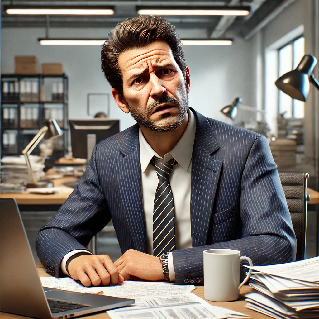 DALL·E 2024 09 07 10.30.08 A photo realistic image of a confused executive in their 40s wearing a formal business suit. The executive is sitting at a desk with a puzzled