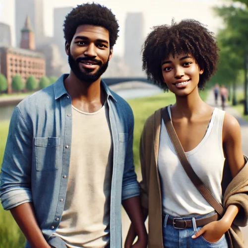 DALL·E 2024 09 07 14.21.46 A photo realistic image of a Black couple in their 30s holding hands. The man is wearing casual clothing with a short beard and a warm smile. The wom