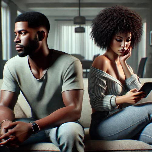 DALL·E 2024 09 07 14.33.10 A photorealistic image of a Black couple in their 30s sitting on a couch ignoring each other. The man with short hair and a casual outfit is lookin