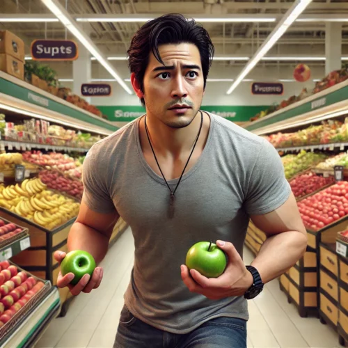 DALL·E 2024 09 07 14.52.40 A photo realistic image of a rushed Philippine man in his 30s holding two apples in a grocery store. He looks slightly overwhelmed dressed in casual