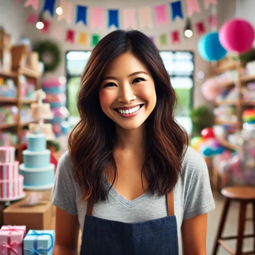 DALL·E 2024 09 07 14.59.15 A photo realistic image of the previously upset Asian woman now smiling happily in her party planning store. She is in her 30s with medium length hai