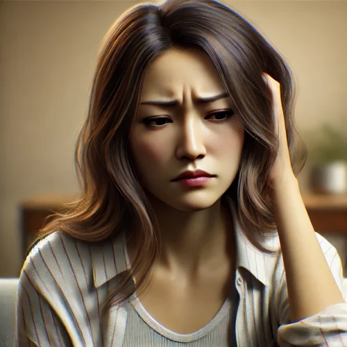 DALL·E 2024 09 07 14.59.28 A photo realistic image of an upset and confused Asian woman in her 30s. She has medium length hair wearing casual attire and her expression shows a