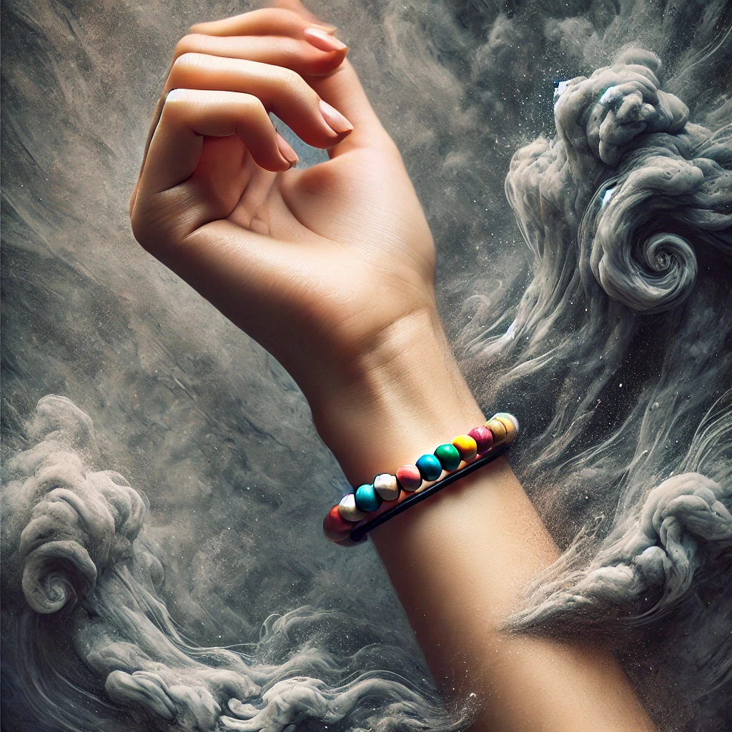 DALL·E 2024 09 08 10.47.05 A photo realistic image of a womans wrist wearing a simple colorful bracelet that looks handmade as if created by a child. The bracelet is made of